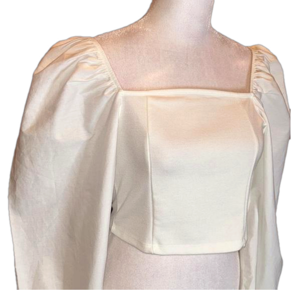 TOPSHOP Off-White Balloon Statement Sleeve Poplin Square Neck Crop Top Size 6 - Picture 5 of 9